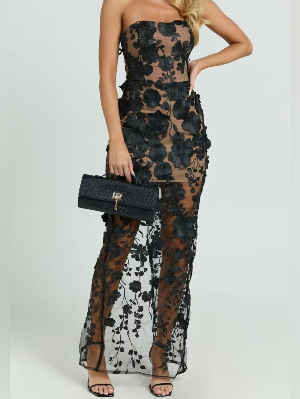 Women's Dress Strapless 3D Floral Tulle Side Split Maxi Slim Fit Sheer Celebrity
